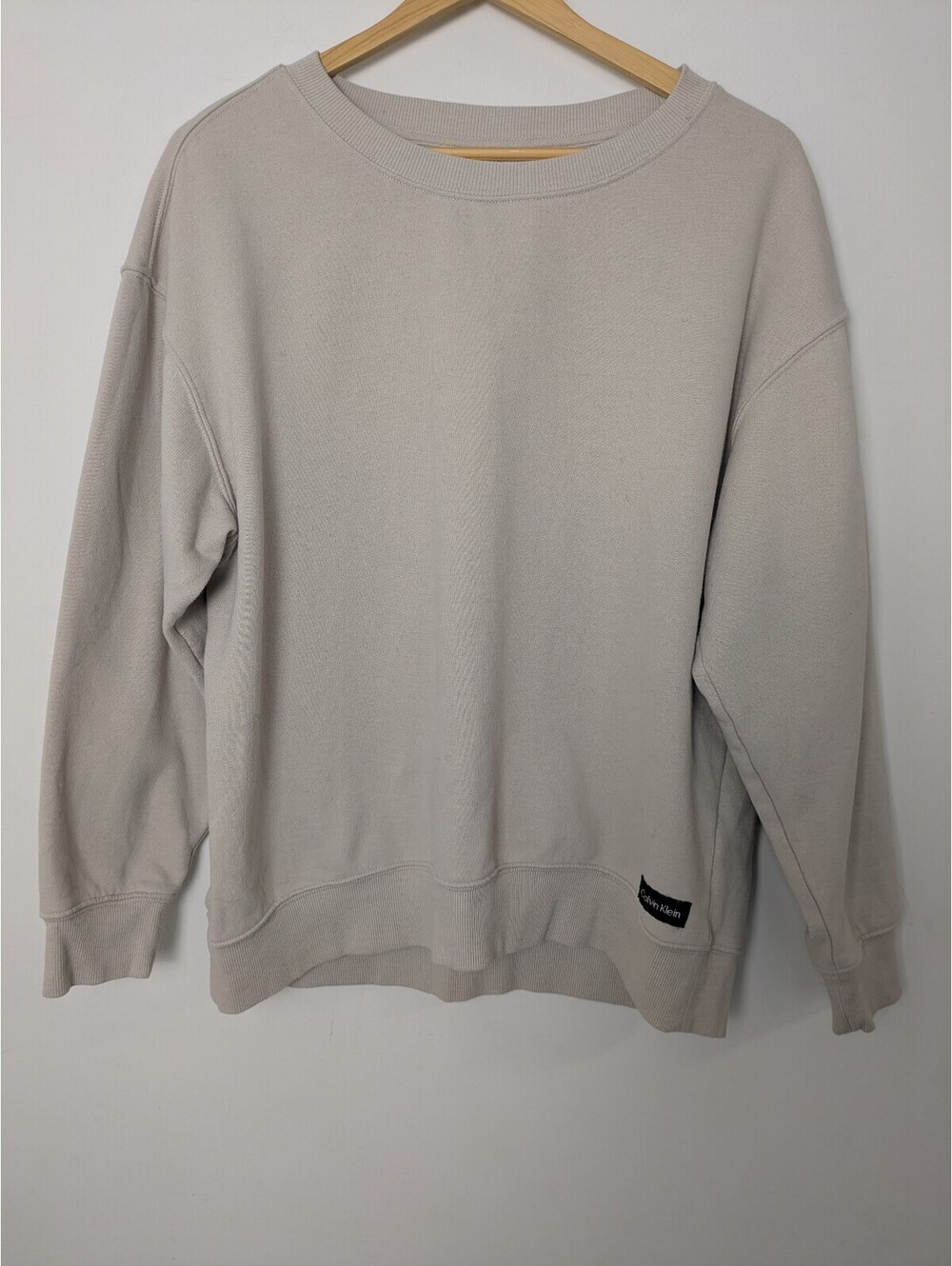 Calvin Klein Beige Oatmeal Fleece Crewneck Sweatshirt Patch Logo Womens Large